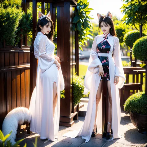 ，，exposed，cheongsam，fox ears，White fox tail，，standing posture