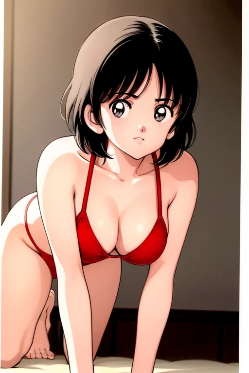 1girl, haruka, black hair, short hair, bangs, looking at viewer, medium breast, cleavage, (all fours, seiza), upper body, ((red micro bikini)), (best quality, masterpiece:1.3)