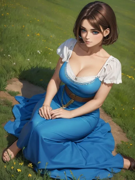 Beautiful woman with short brown hair blue eyes perfect body in peasant dress on the meadow 