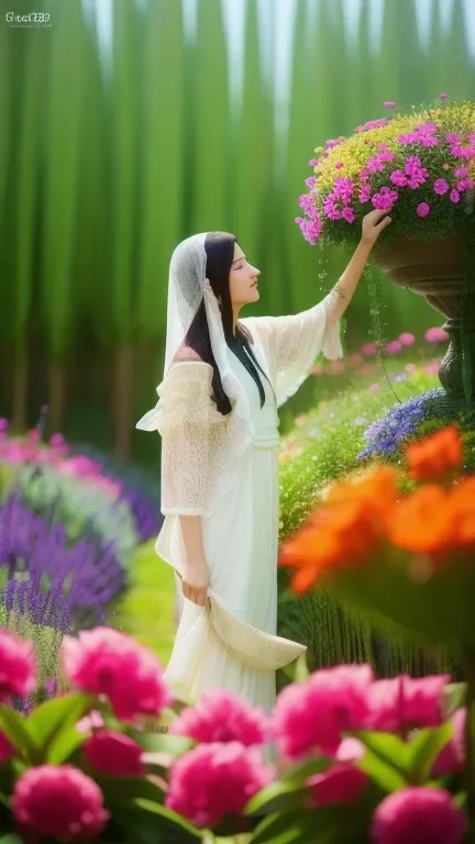 there  a woman standing in front of a wall of flowers, standing in flower field, in garden, standing in a flower field, background  heavenly, in a mall, inspired by Shaddy Safadi, inspired by Fathi Hassan, standing in a botanical garden, taken with sony al...