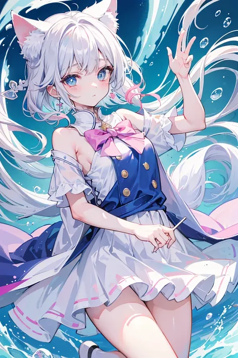 Short light blue hair，Light blue pupils，有一些粉红色的trinkets，Soft girl in dress，Pink and white strapless short hair，Scallop white floral dress，Dignified and lovely teacher，beautiful girl，（（sticker：1.5）））、（（chibi character））、（White back）、fluffy、Teenage with、Wiza...