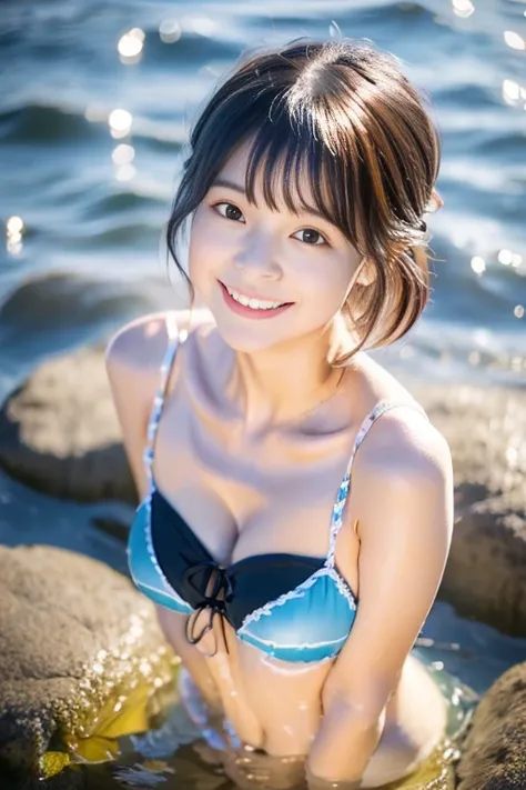 (((masterpiece))), (((full body display，Standing position)))，(((water play)))、(((in the sea)))、 (one beautiful girl, innocence，cute) ，ultra high resolution, reality, Super detailed, 8K,highest quality, very detailed, blurred background,slender，small breast...