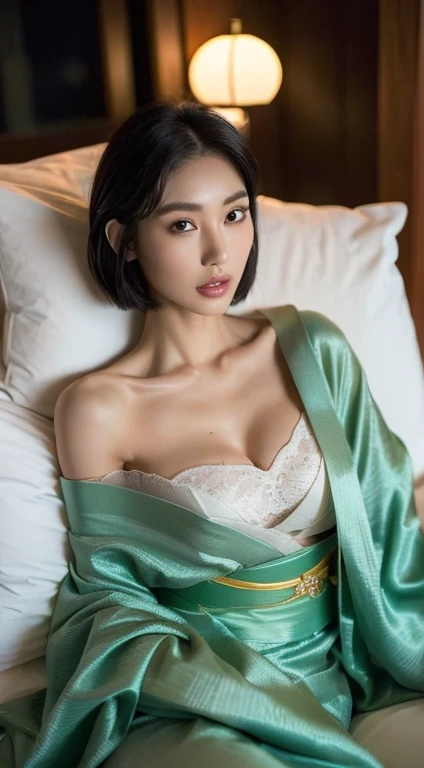 (best quality, 8K, At 32K, muste piece, ticker:1.Hotou of glamorous Japanese women, 1 girl, (Slender body shape, perfect body :1.2), medium short hair: 1.1,  (Indian Earl, night time :1.2), Lying naked on the bed wearing a kimono, Super-detailed face, deta...