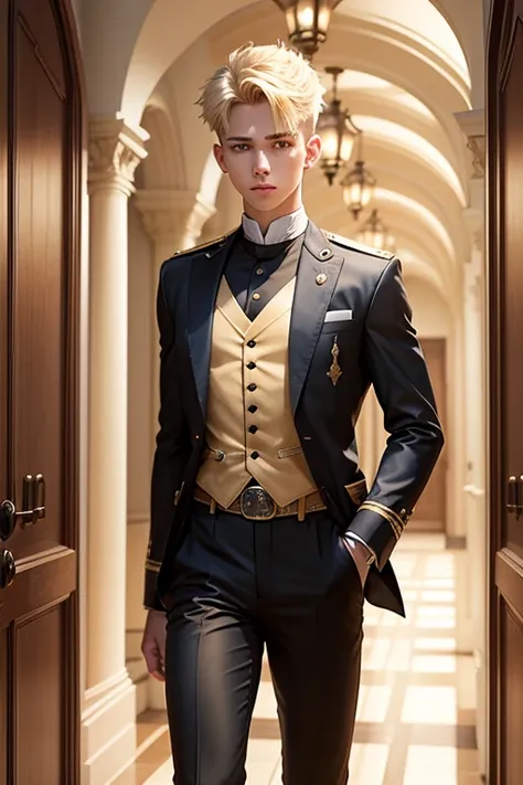 front　２０Male teenager　blonde　short hair　Noble uniform　Entrance hall of a western-style building