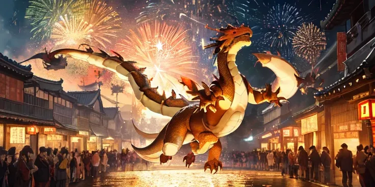 (auspicious animal), (best quality, highres, realistic:1.37), a majestic dragon (in traditional Chinese style) soaring through the sky, (vibrant colors, vivid red and gold), surrounded by (fireworks exploding, illuminating the night sky) and (a joyful crow...