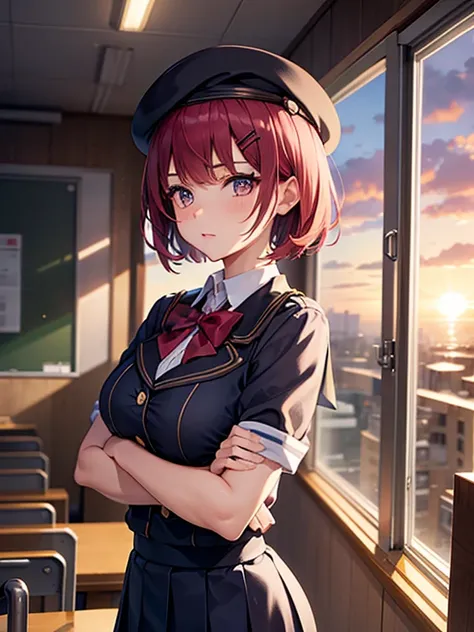 classroom, from side, sunset lightning, girl, school uniform with beret, short hair, hairpins, brunnete with red locks, serious expression, crossed arms, summer