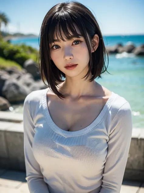 1 girl、highest quality、realistic、solo、Depth of bounds written、natural soft light、daytime、attractive、beautiful face、cleanliness、pure face、white skin、cute hawt hair、bangs、beach、Light of the sun、Nedium Breast Body Esbian、((セーター黄金のプロポーションのbeautiful face、左右対称のb...