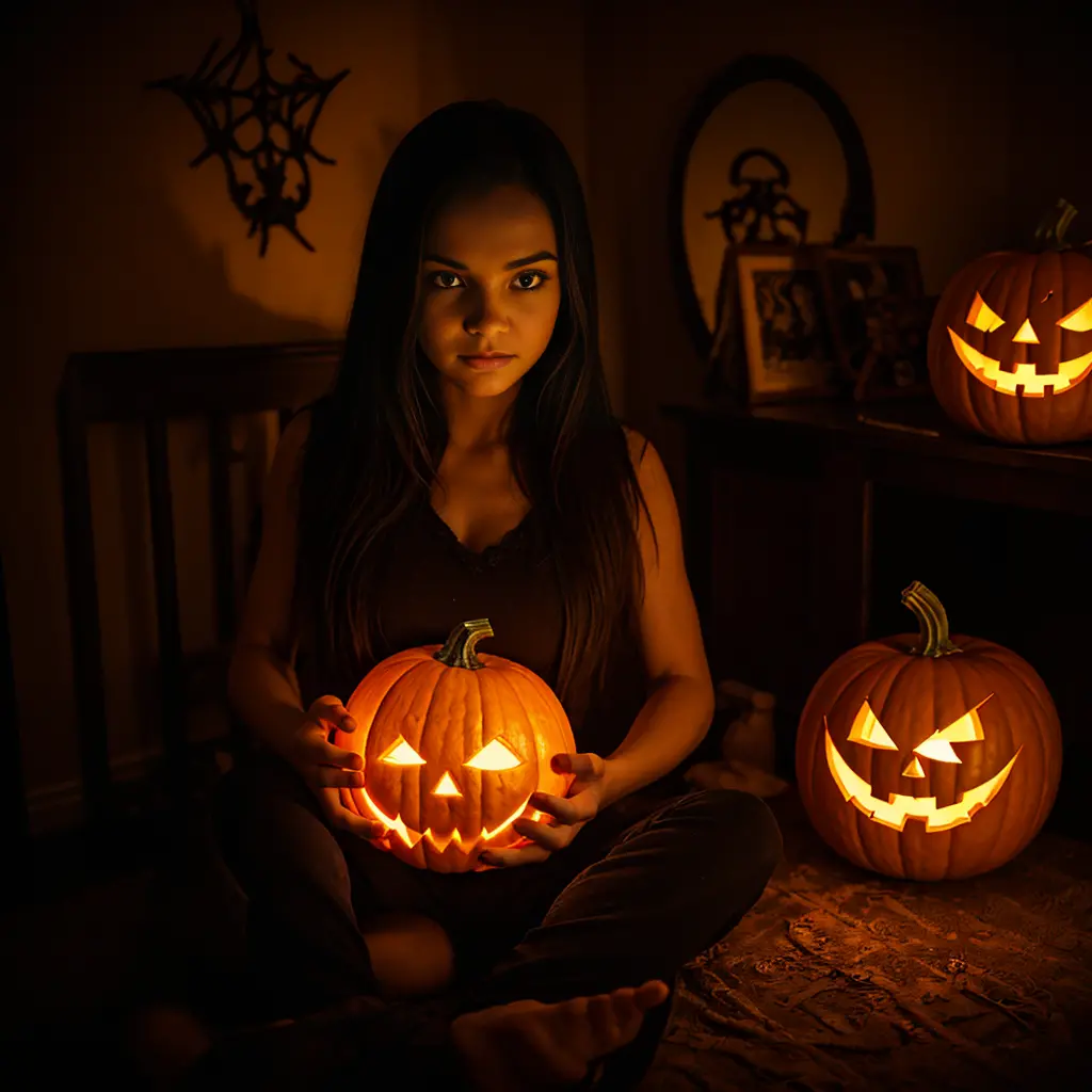 a spooky scene of intricate pumpkin carvings, glowing in the dark. a beautiful girl with detailed eyes, lips, and face is delica...