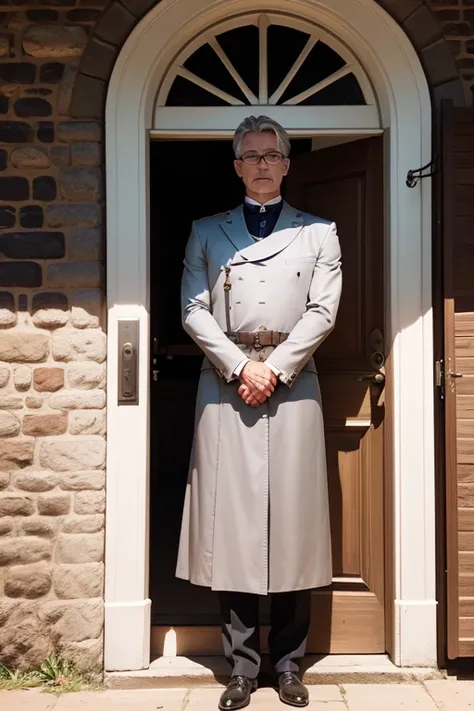 solo front　４０man on stand　sharp face　silver blonde hair　Five parts　Glasses　Deacon service　In front of the door of a medieval Western-style building