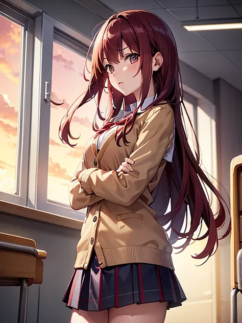 classroom, from side, sunset lightning, schoolgirl, brunette, long hair, some red locks, shirt, oversized cardigan, short skirt, ribbon necklace, autumn, serious expression, crossed arms