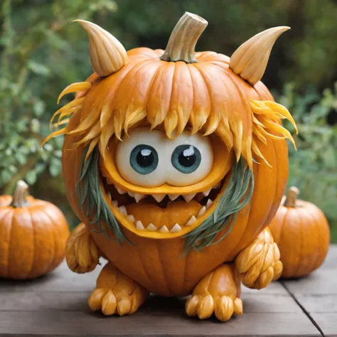 Fanz monster carved from pumpkin, A cute creature，hair made of magic, Super cute