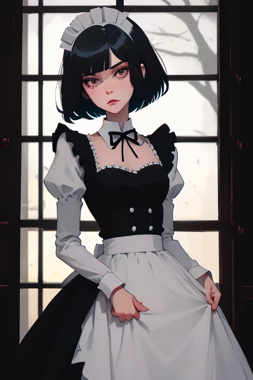 victorian maid,bob cut,slender、looks strict,tall