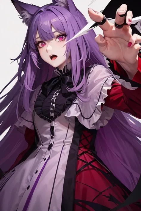 Long haired 18-year wolf woman with pastel Purple hair with heterochromia one blue eye and red eye with sharp teeth wearing a Victorian dress that is Red and black (SFW)