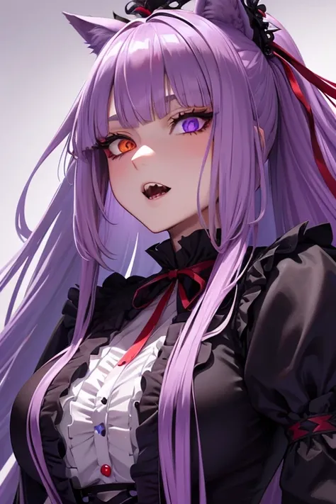 Long haired 18-year wolf woman with pastel Purple hair with heterochromia one blue eye and red eye with sharp teeth wearing a Victorian dress that is Red and black (SFW)