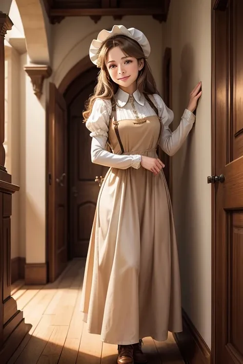 solo front　Aunt　４０Lady of the stand　smile　light brown hair　Maid clothes　Maid Cap　Corridor of a medieval Western-style building