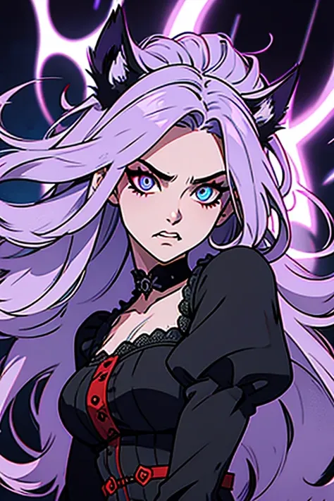 Long haired 18-year wolf woman with pastel Purple hair with heterochromia one blue eye and red eye with sharp teeth wearing a Victorian dress that is Red and black (SFW)
