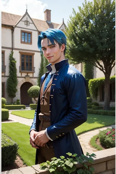 solo front　boy　smile　blue hair　Deacon service　garden of a medieval western-style mansion