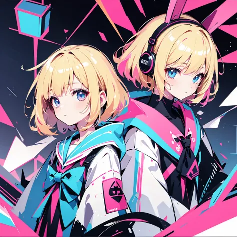 (1 girl, blonde hair, blue eyes, sailor suit, headphone, kawaii), (pink cyberpunk, room with big monitors, pink neon), (low contrast, flat color, limited palette)