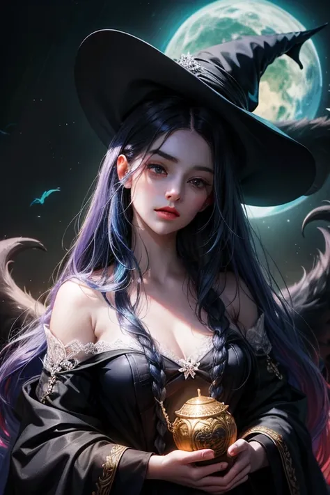 Coven Ahri, 1 garota, vestir, mangas destacadas, cabelo multicolorido, cabelo preto com estrias de cabelo grandes brancas, franja, preto ondulado, cabelo ondulado, orelhas de animais, olhos amarelos, very pale skin, maquiagem roxa escura, batom preto, in a...