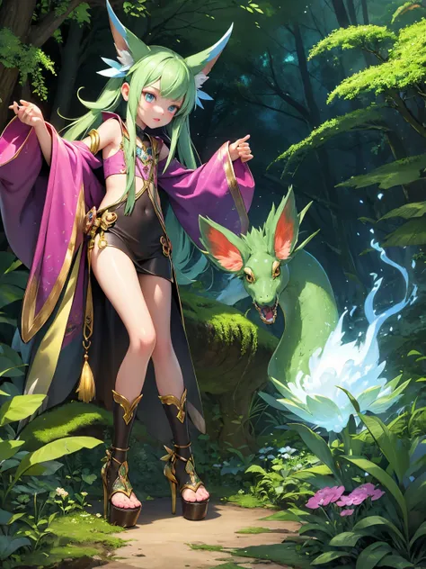 a magical forest with a digimon and 1 girl, created using digital illustration techniques. the girl has beautiful detailed eyes,...