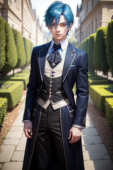 solo front　１０Teenage Boys　smile　blue hair　cool black butler uniform　garden of a medieval western-style mansion