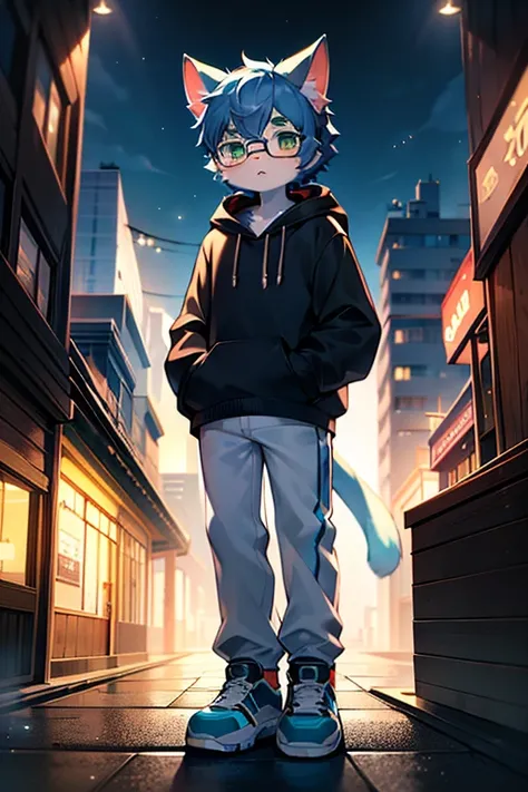 （best quality，4k，8k，high resolution，masterpiece：1.2），Ultra-detailed，（lifelike，lifelike，lifelike：1.37），blue short hair，fluffy，cute，illustration，Shota，digital painting，bright colors，Surreal，pastel color palette，soft light，hairy，Cat，Cat耳朵，Cat尾巴，green eyeale，l...