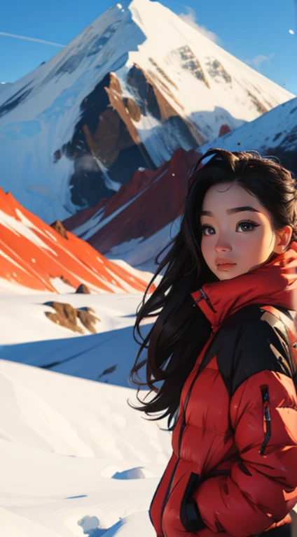 pose & detailed face, Vinicunca, mountains of all colors, snow mountain, Beautiful girl, UHD Portrait, (high quality) (ultra detail) Observe viewers dressed in hip-hop-style street clothes; another, colourful, very dark long hair 🌈