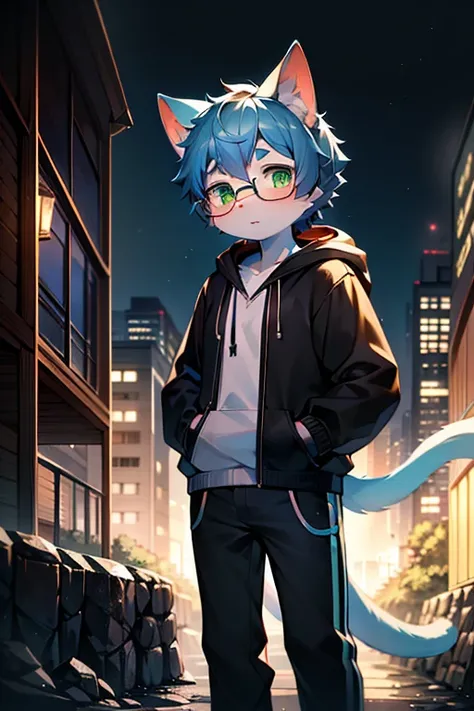 （best quality，4k，8k，high resolution，masterpiece：1.2），Ultra-detailed，（lifelike，lifelike，lifelike：1.37），blue short hair，fluffy，cute，illustration，Shota，digital painting，bright colors，Surreal，pastel color palette，soft light，hairy，Cat，Cat耳朵，Cat尾巴，green eyeale，l...