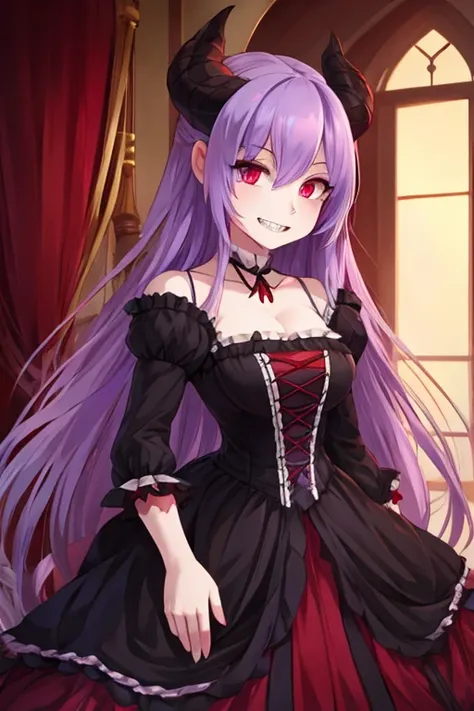 Long haired 18-year demon woman with pastel Purple hair with heterochromia one blue eye and red eye with sharp teeth wearing a Victorian dress that is Red and black (SFW)
