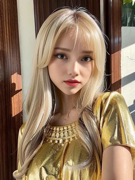 Bright blonde hair shining dazzling gold、long straight hair、pale green eyes、Transparent white and wet nightgown、European youth、perfect bodieace perfect、Bright makeup、Thin pink lips、Girl in the shower、1 girl in、Unbuttoned shirt、lipsticks、Hair buns、Colored i...