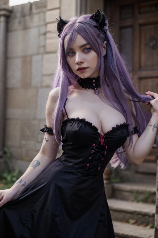 Long haired 18-year demon woman with pastel Purple hair with heterochromia one blue eye and red eye with sharp teeth wearing a Victorian dress that is Red and black (SFW)
