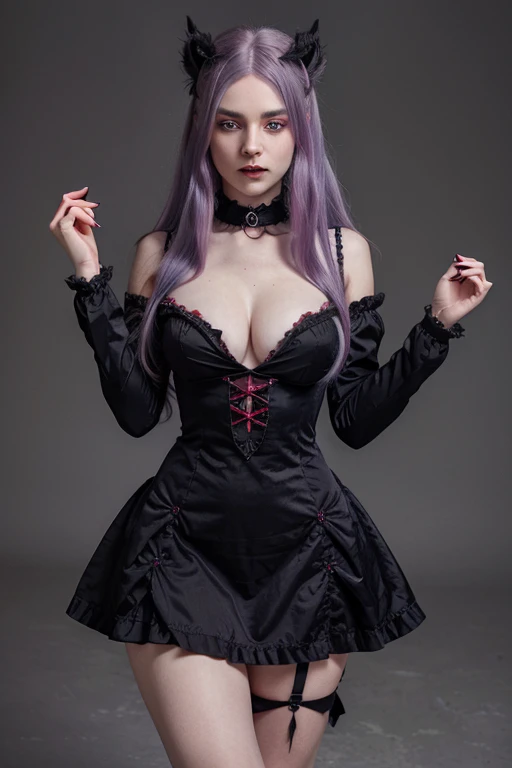 Long haired 18-year demon woman with pastel Purple hair with heterochromia one blue eye and red eye with sharp teeth wearing a Victorian dress that is Red and black (SFW)
