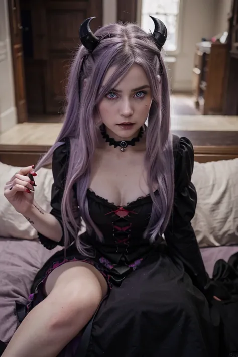 Long haired 18-year demon woman with pastel Purple hair with heterochromia one blue eye and red eye with sharp teeth wearing a Victorian dress that is Red and black (SFW)
