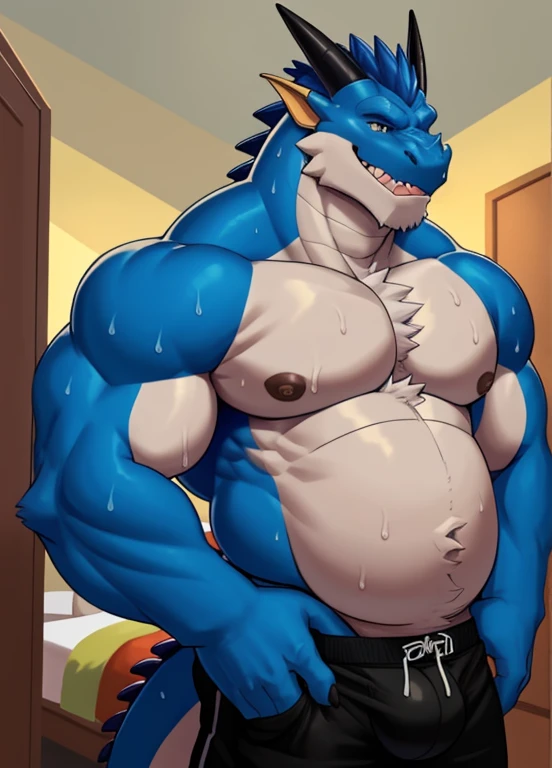 anthro, male, solo focus, dragon, college dorm, night, dim, bare chest, big pecs, huge belly, sweaty, from behind