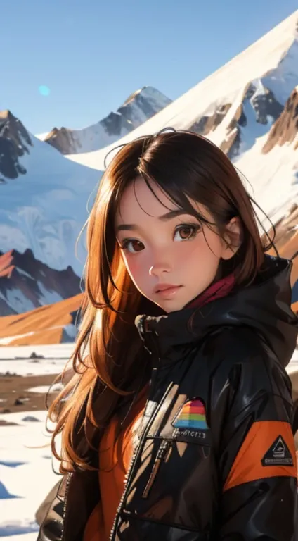 pose & detailed face, Vinicunca, mountains of all colors, snow mountain, Beautiful girl, UHD Portrait, (high quality) (ultra detail) Observe viewers dressed in hip-hop-style street clothes; another, colourful, very brown long hair 🌈