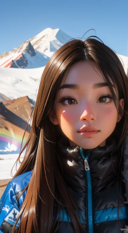 pose & detailed face, Vinicunca, mountains of all colors, snow mountain, Beautiful girl, UHD Portrait, (high quality) (ultra detail) Observe viewers dressed in hip-hop-style street clothes; another, colourful, very brown long hair 🌈