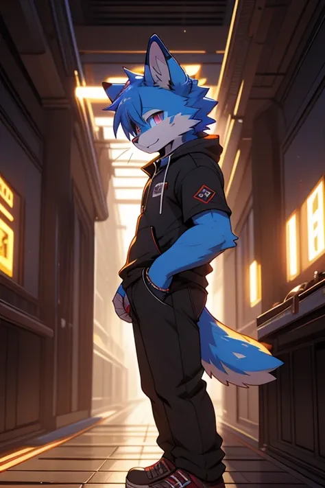 Male Kemono cat with blue fur color (#53AEF3) and purple eye(#7523CC) on right side and red eyes(#F43524) on left side. His fur is colored with various shades of light blue(#B7DEF8), this Kemono Cat is wearing a Cyberpunk white shirt and long black pants.