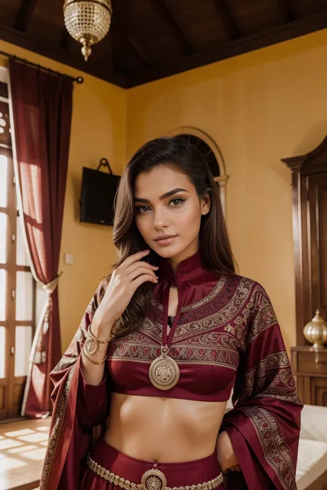 Instagram-Models posieren in indorr villa in Casablanca, in a colorful futuristic cozy warm piyama, full entire body, beautiful detailed eyes, beautifully detailed lips, extremely detailed eyes and face, kurzes, welliges rosa Haar ((best qulaity)), ((Meist...