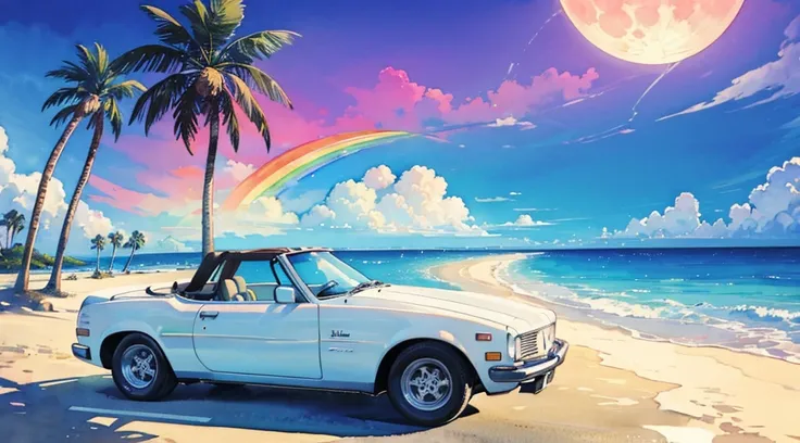 (watercolor), rainbow sky, big moon, beach, palm tree, white classic car, convertible