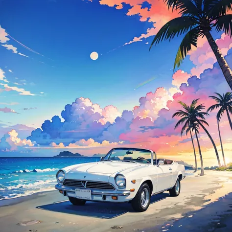 (watercolor), rainbow sky, big moon, beach, palm tree, white classic car, convertible