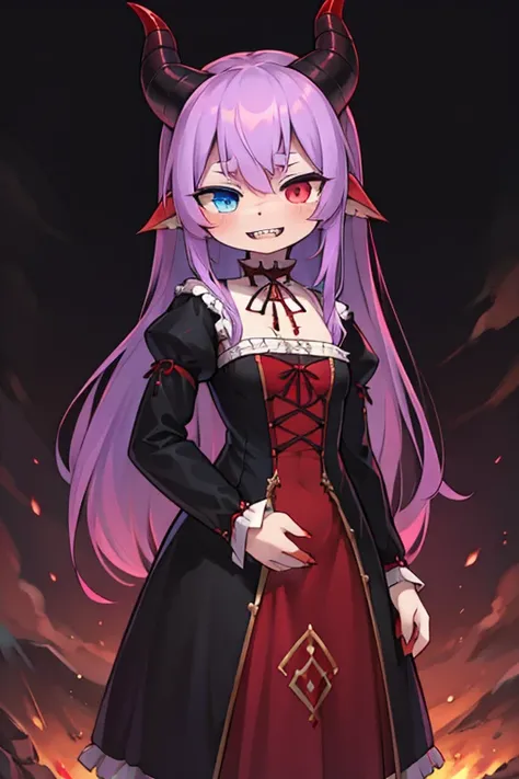 Long haired 18-year demon woman with pastel Purple hair with heterochromia one blue eye and red eye with sharp teeth wearing a Victorian dress that is Red and black (SFW)
