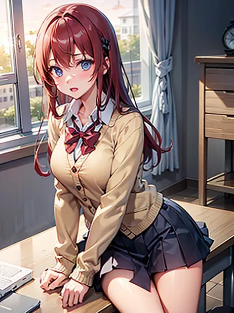 classroom, sunset lightning, sitting on the desk, schoolgirl, cardigan uniform, brunette, red locks, blue eyes, autumn, serious ...