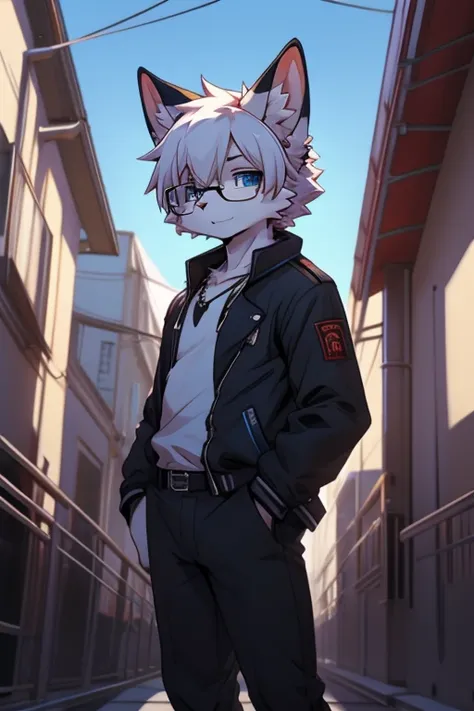 Male Kemono cat with white fur color (#FFFFFF and #FDFDFD) and blue eye. His fur is colored with various shades of blue(#98E4F6 and #80C4E0 and #7C8EB0), this Kemono Cat is wearing a Cyberpunk white shirt and long black pants, wearing glasses and black nec...