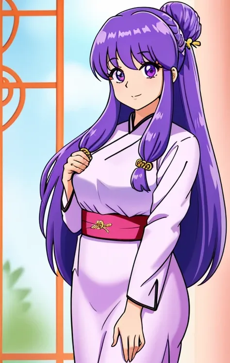 there is a girl with purple hair cartoon dressed, vestido chino, delantal hanbok, traje chino, traje tradicional chino, primer p...