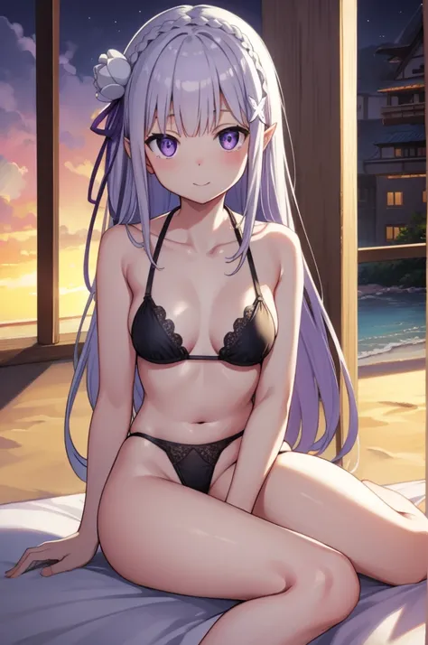 リゼロemilia、emilia、Braid、クラウンBraid、flower、髪flower、hair ornaments、hair ribbon、long hair、pointed ears、(purple eyes:1.2)、gray hair、xhair ornaments、 BREAK detach color、Small area black bikini、bikini swimwear、Absolute Ryoiki、 BREAK Outdoor、sandy beach、 Looking at...