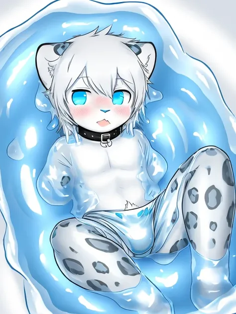 A male snow leopard cub lies in 银色slime，Wearing white boxers，covered in Silver slime，Silver slime，snow leopard，collar，Thighs covered in mucus，trapped，