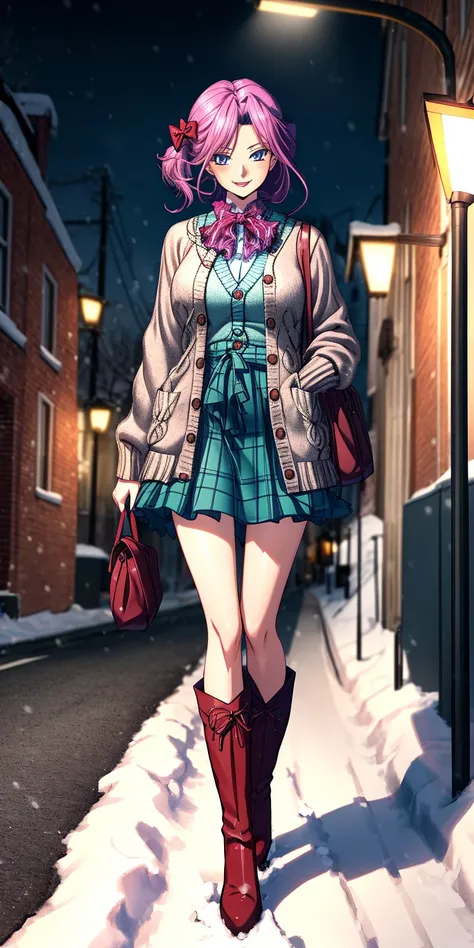 (masterpiece:1.2), best quality, highres, original, (extremely detailed:1.2), ultra-detailed, wallpaper, perfect lighting,(extremely detailed CG:1.2), 8k, anime illustration, 1girl, solo, smiling, (winter outfit:1.2), standing on the street, (knit cardigan...