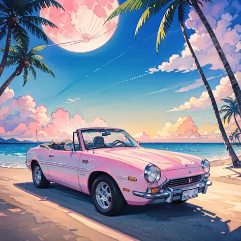 (watercolor), pink sky, big moon, beach, palm tree, white classic car, convertible