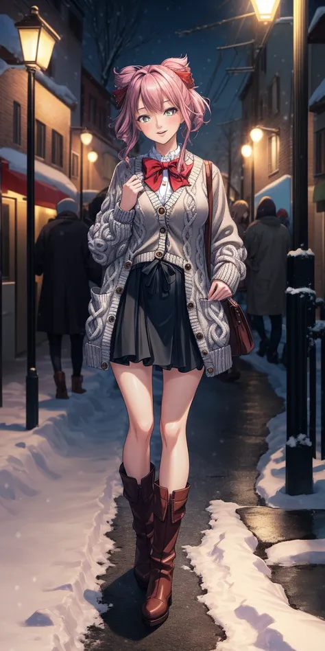 (masterpiece:1.2), best quality, highres, original, (extremely detailed:1.2), ultra-detailed, wallpaper, perfect lighting,(extremely detailed CG:1.2), 8k, anime illustration, 1girl, solo, smiling, (winter outfit:1.2), standing on the street, (knit cardigan...