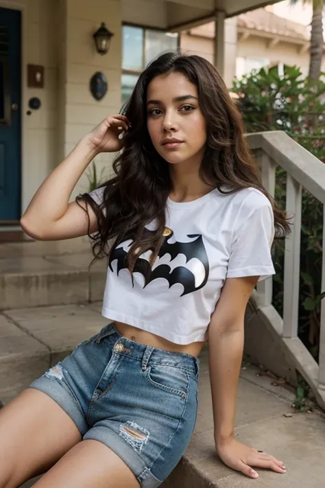 A pretty hispanic woman with long curly hair, sitting on her front steps, legs open wide, with arms resting her on knees, in a batman tee shirt and denim shorts, a cigarette hanging from her lips, with an unconscious bat lying at her feet. She has a bored ...